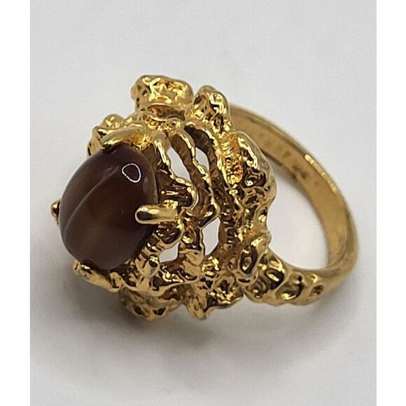 18K GF WP Signed Tiger's Eye Brutalist Ring Sz 5 - Picture 4 of 6